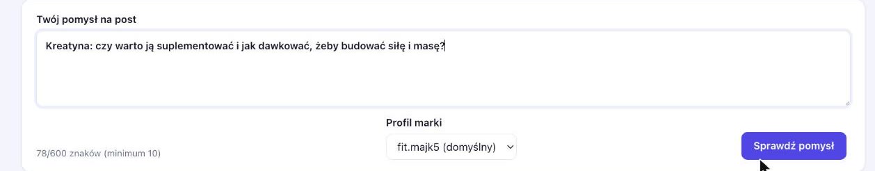 Ekran wpisywania pomysłu na post