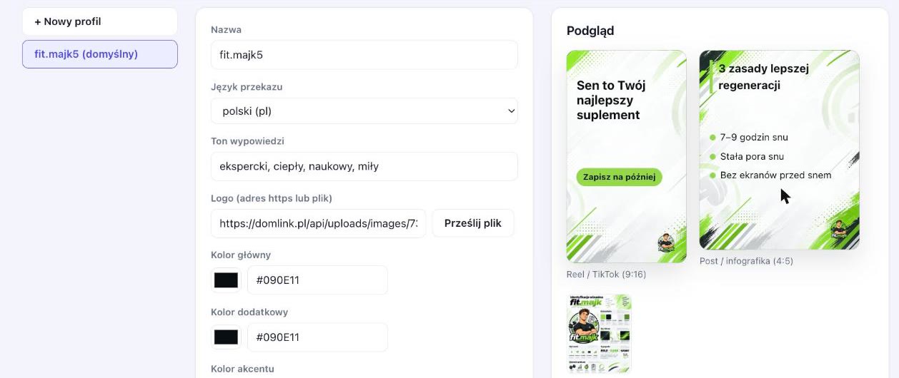 Formularz profilu marki z podglądem